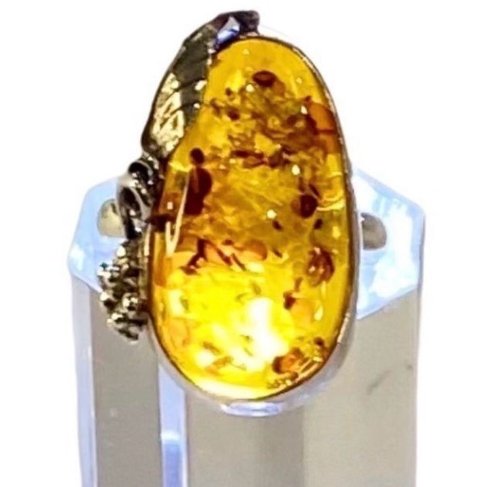Sterling Silver Natural Baltic Amber Statement Ring - Vine Design, Size 7 NWT